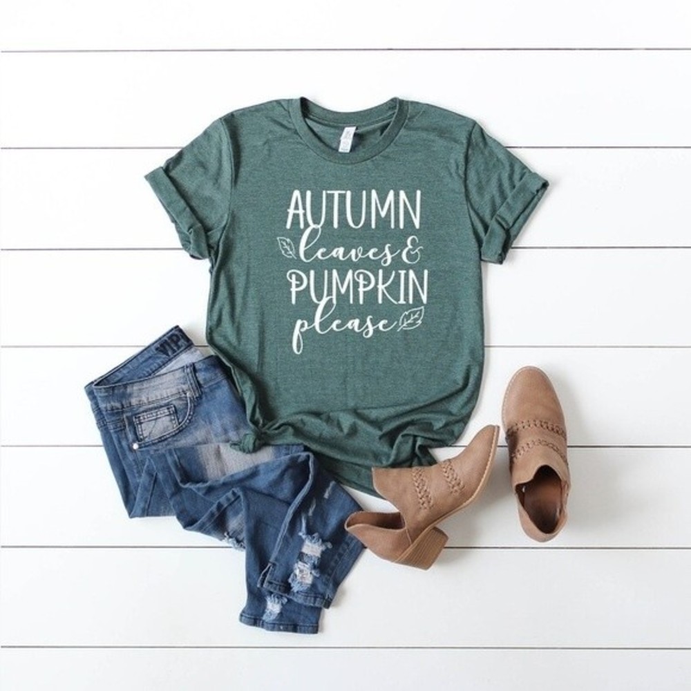 Autumn Leaves & Pumpkin Please Fall T-Shirt Women’s Unisex Graphic Tee XXL 2XL
